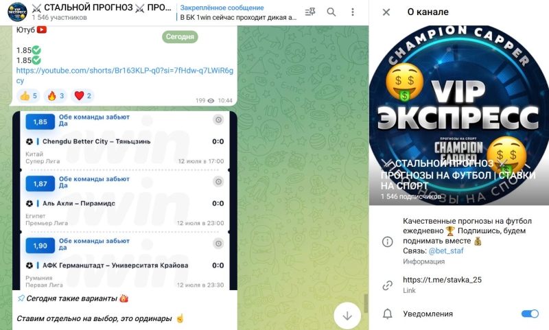 Стальной Прогноз — аналитика для ставок в Телеграме, отзывы